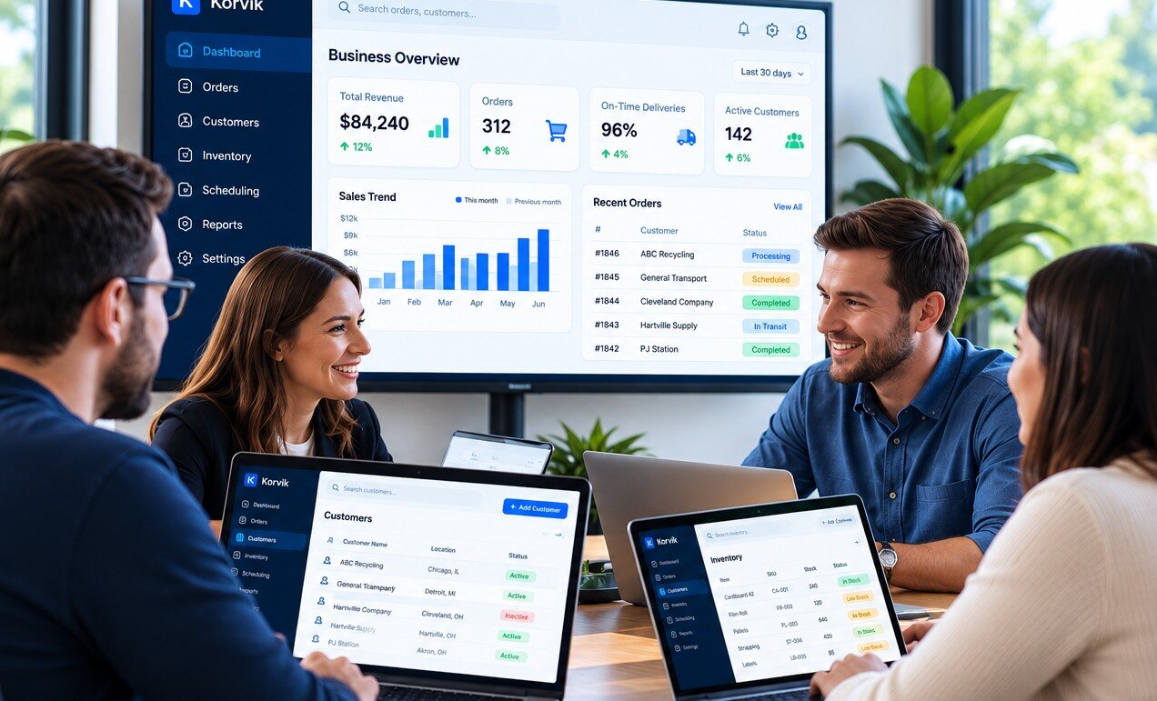 Four people collaborating around a conference table while business dashboards show on the wall screen and laptops