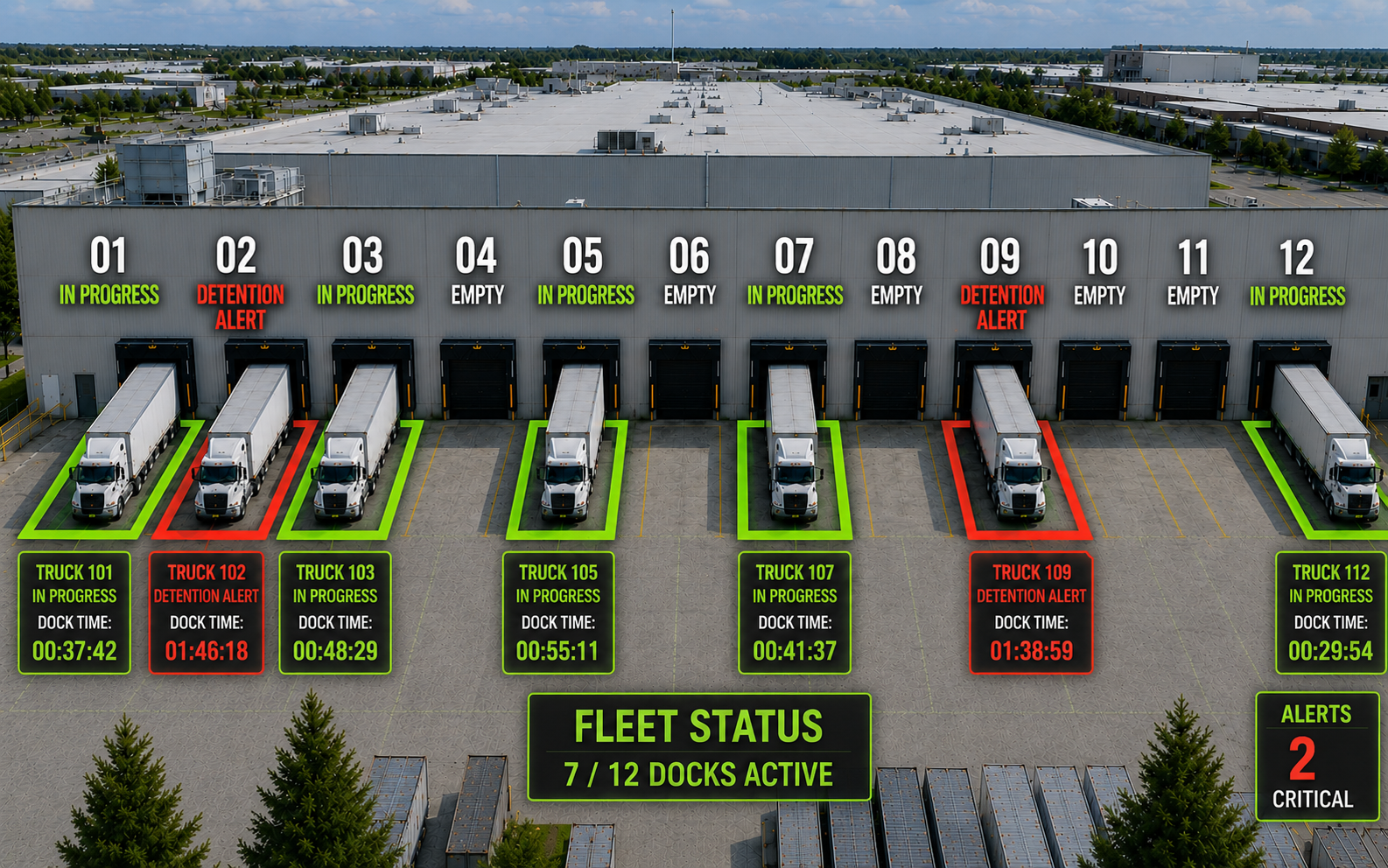 Aerial view of a distribution center with Dockeye AI overlays tracking trailers, dock status and fleet metrics in real time