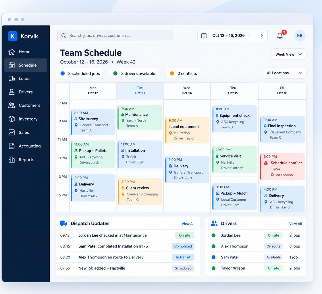 Illustrative picture: a Korvik team schedule showing a weekly calendar of jobs, dispatch updates and driver availability